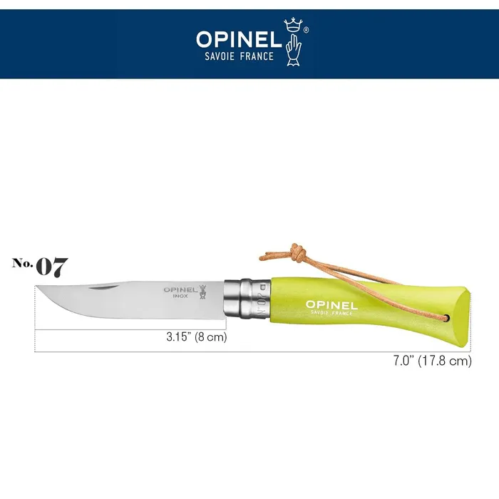 картинка Opinel нож №7 Trekking Color, рукоять граб, темляк, Н/Ж клинок 8см, жёлто-зелёный от интернет-магазина Тибет